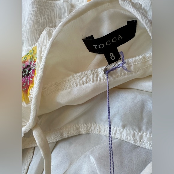 Tocca 100% Silk Cream Dress with Colorful Floral Accents and flowy layers - Picture 4 of 13